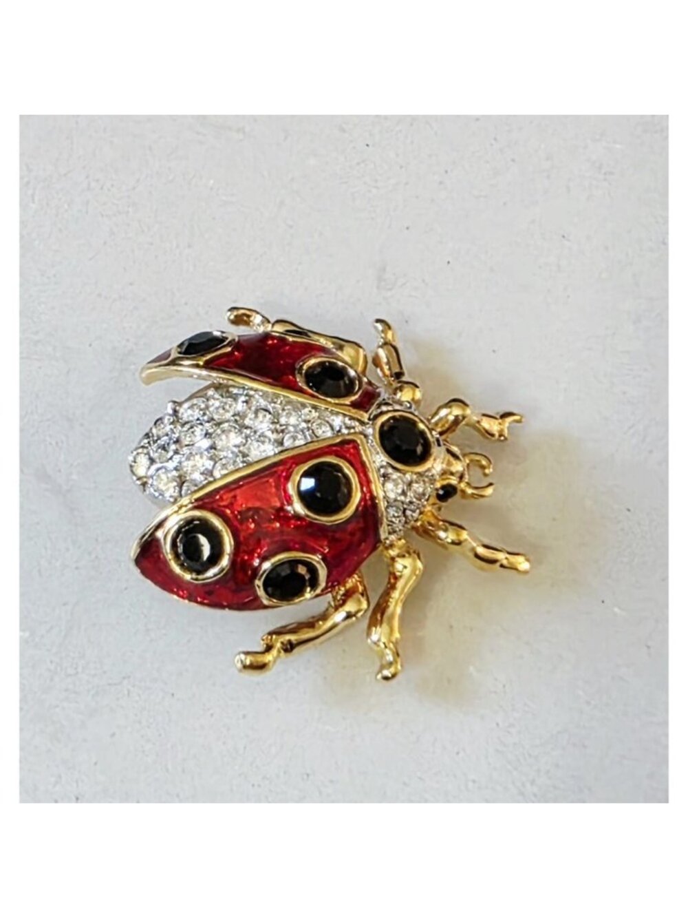 Vintage Signed BUTLER Red Enamel & Pavé Rhinestone Ladybug Brooch - Picture 4 of 7